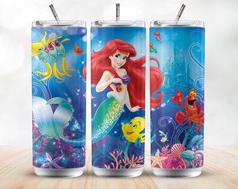 Little Mermaid 20oz Sublimation Tumbler Designs, Colorful 9.2 x 8.3” Straight Skinny Tumbler Wrap PNG