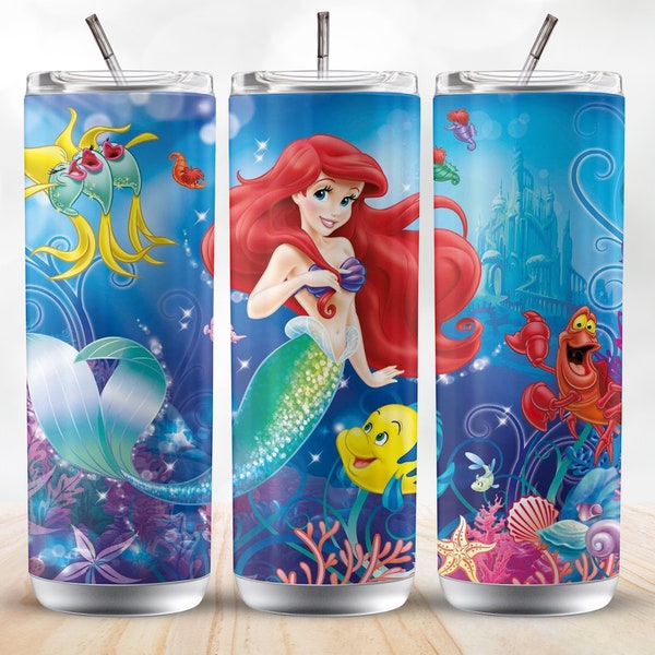 Little Mermaid 20oz Sublimation Tumbler Designs, Colorful 9.2 x 8.3” Straight Skinny Tumbler Wrap PNG