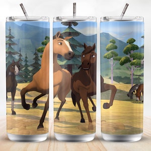 May include: Three stainless steel tumblers with a colorful cartoon image of horses in a forest setting. The tumblers have lids and straws.