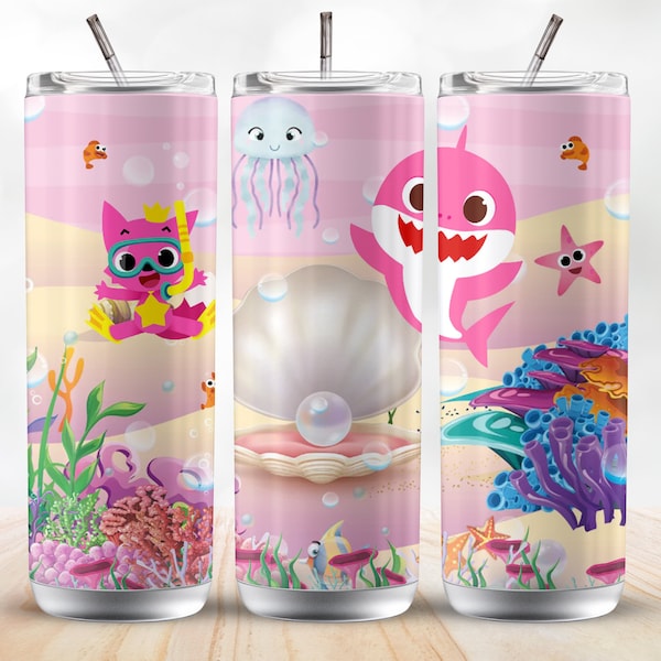 Baby Shark 20oz Sublimation Tumbler Designs, Colorful 9.2 x 8.3” Straight Skinny Tumbler Wrap PNG