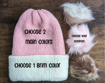 Custom Winter Hats, Reversible winter hats, Custom Knitted winter hat, Custom gift, Knitted Beanie, Hat with pompom, Custom colors hats