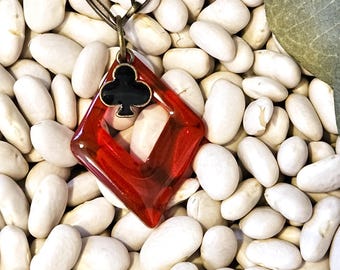 Red Open Diamond Shaped Pendant with Club Charm