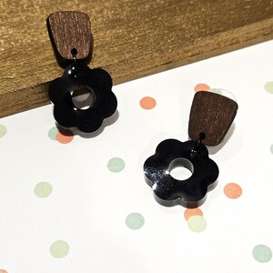 Wood and Black Flower Earrings