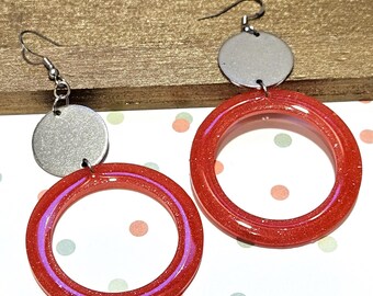 Pink Glitter Hoop Earrings with Silver Charm