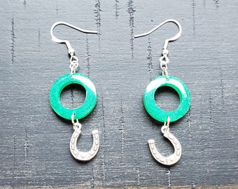 Teal Circle Earrings with Horseshoe Charm