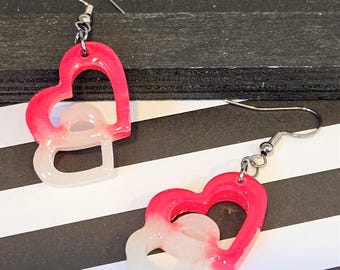 Pink and White Double Heart Earrings