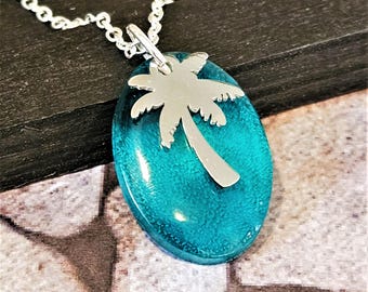 Teal Oval Pendant with Palm Tree Charm