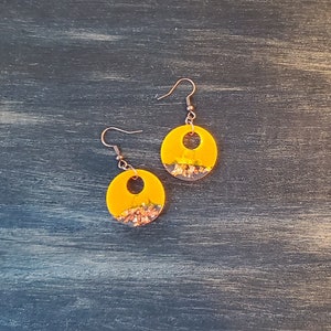 Orange and Clear with Copper Flakes Circle Earrings