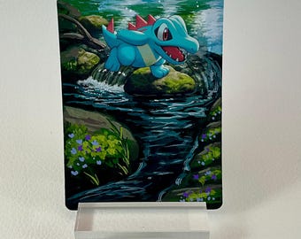 Hand Painted Pokemon Card, Extended Art Pokemon Card, Totodile, Pokemon Fan Art, Altered Pokemon Card, Pokemon Card Art, Pokemon Gift