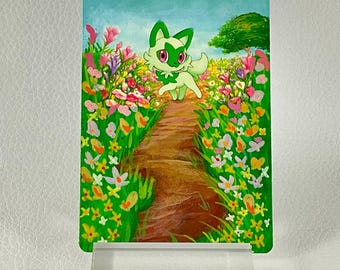 Hand Painted Pokemon Card, Extended Art Pokemon Card, Sprigatito, Pokemon Fan Art, Altered Pokemon Card, Pokemon Card Art, Pokemon Gift