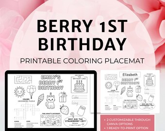 Berry First Birthday Coloring Placemat | Editable Name & Ready to Print Strawberry Party Activity for Kids | Digital Download