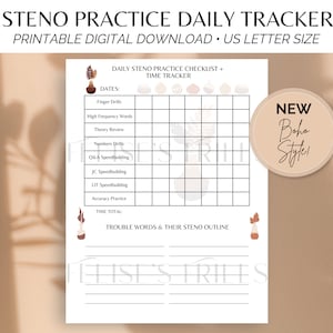 Könnte beinhalten: Druckbarer täglicher Steno-Übungsplaner und Zeit-Tracker im Boho-Stil. Der Planer enthält Abschnitte für Fingerübungen, häufig vorkommende Wörter, Theorieüberprüfung, Zahlenübungen, Q&A-Speedbuilding, JC-Speedbuilding, LIT-Speedbuilding, Genauigkeitstraining und einen Abschnitt für schwierige Wörter und deren Steno-Umrisse.