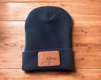 Custom Script Patch Beanie: Personalized Vegan Leather Patch Hat