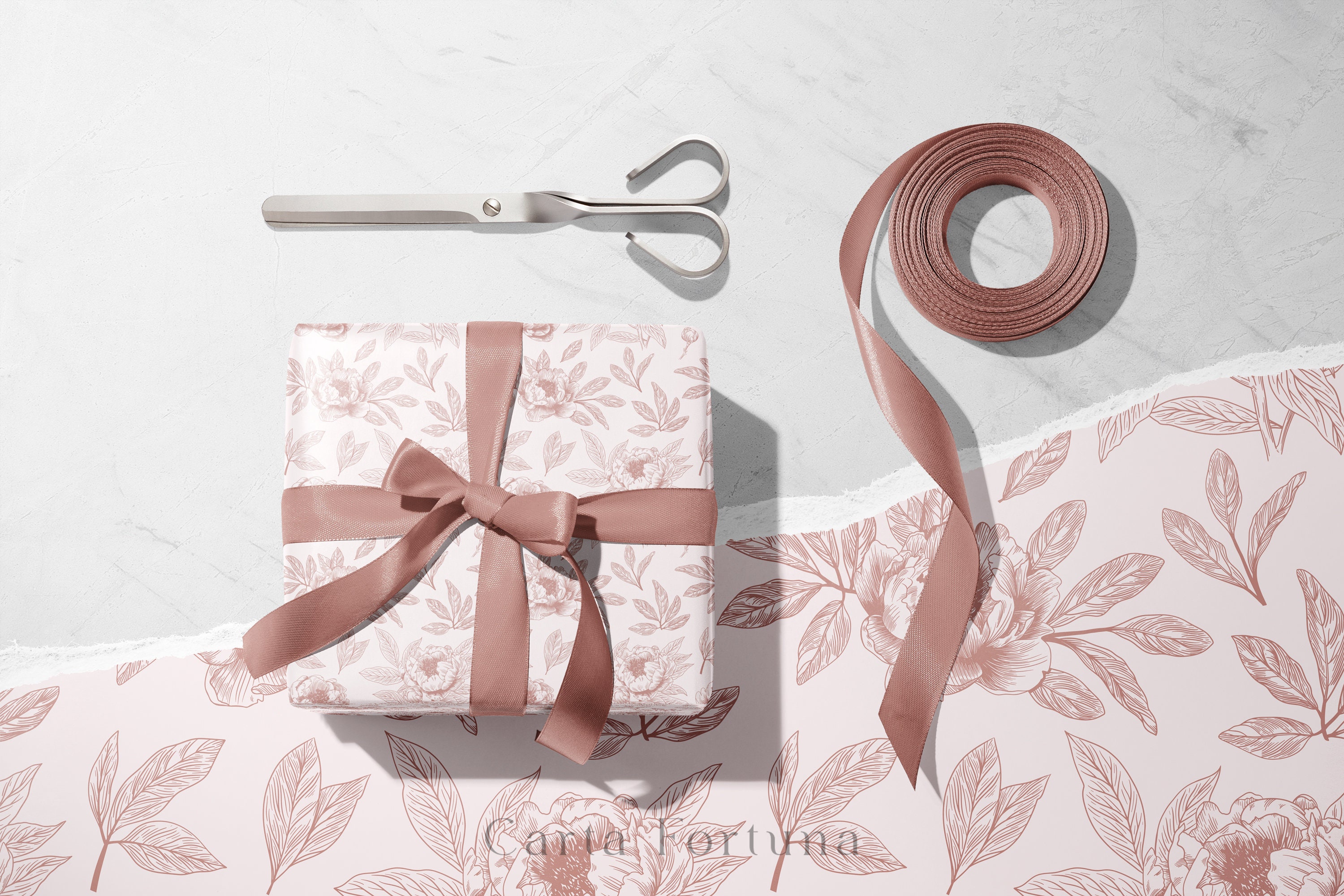 Chinoiserie Paper, Dusty Rose Floral Chinoiserie Wrapping Paper