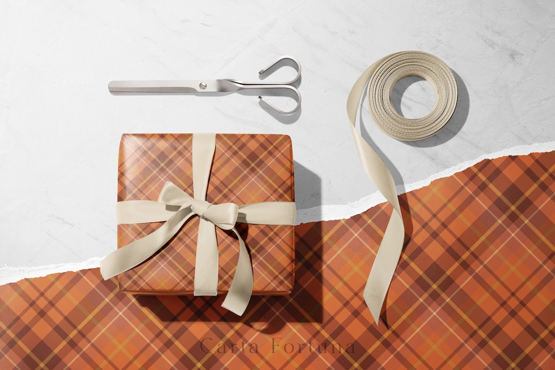 Fall Pumpkin Plaid Gift Wrap, Orange Tartan Wrapping Paper, Autumn