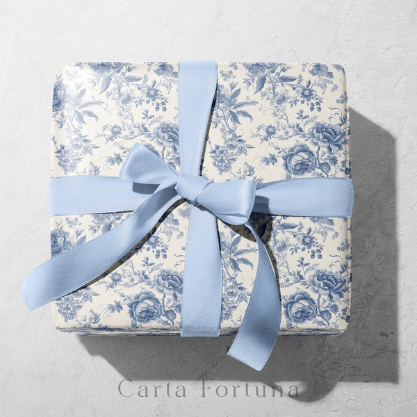 Chinoiserie Paper, Chinoiserie Floral Wrapping Paper Roll, Bouquet Paper, Blue White Coastal Wedding Toile, Floral Gift Wrap, Mother's Day