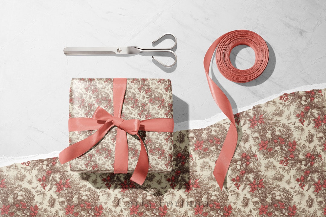 Christmas Garland Toile Wrapping Paper, Christmas Red Chinoiserie, Cute