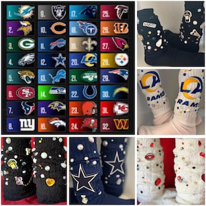 May include: A collage of images featuring NFL team logos and custom-designed knee-high socks with various team logos and embellishments. The socks are decorated with rhinestones, pearls, and other decorative elements. The logos include the Saints, Rams, Cowboys, and more.