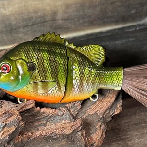 May include: A detailed, two-piece fishing lure shaped like a fish. The lure features a green and gold body with orange and blue accents. It has a brown, brush-like tail and two metal eyelets for attaching hooks.