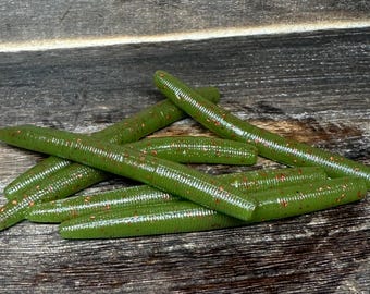 4”  Stick Worm ( Green Pumpkin / Red Flake ) Largemouth & Smallmouth Bass Bait Soft Plastic Bait