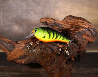 May include: A green, black, and orange fishing lure with a realistic fish design. The lure is on a piece of driftwood.