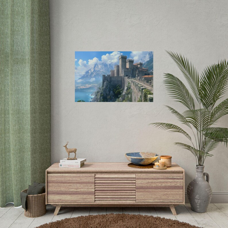 Medieval Castle View Rolled Poster, Fantasy European Decor, Hillside