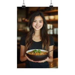 Asian Girl with Noodle Bowl Print, Japanese Ramen Food Art, Cute Dining Room Decor, Kitchen Wall Art