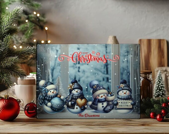 Customizable Christmas Snowman Glass Cutting Board
