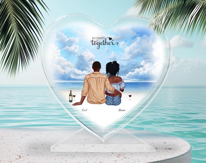 Couple on the Beach Customizable Crystal Heart with Stand