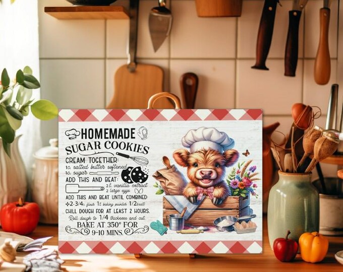 Sugar Cookie Recipe Glass Cutting Board with Highland Cow