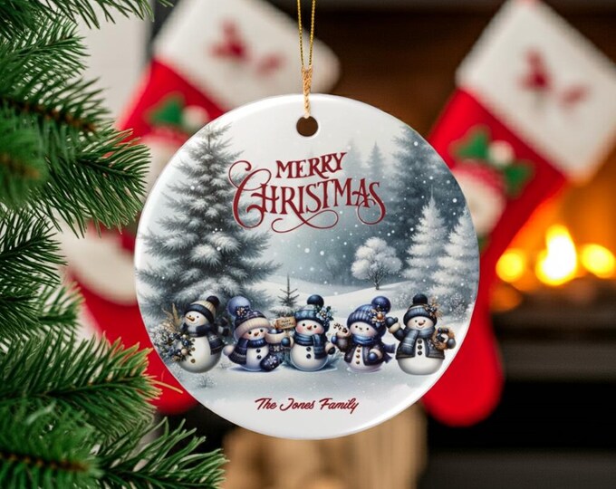 Blue Snowpeople Customizable Ornament