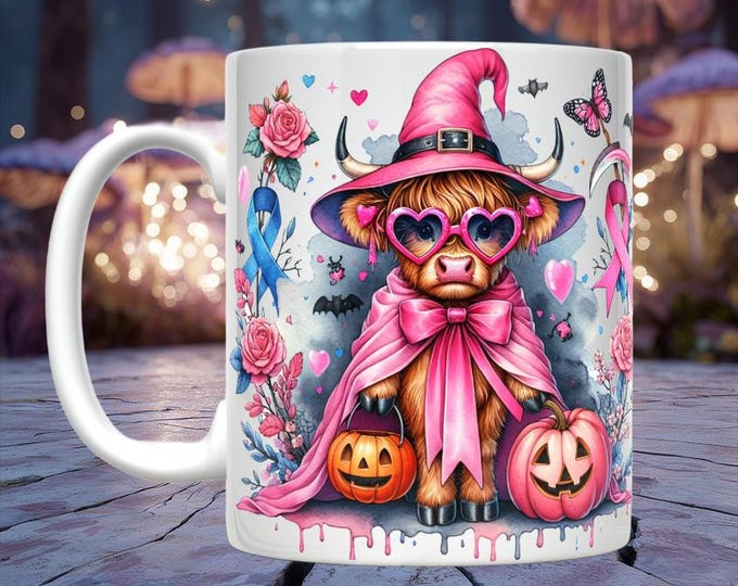 Highland Cow Pink Witch Halloween Mug