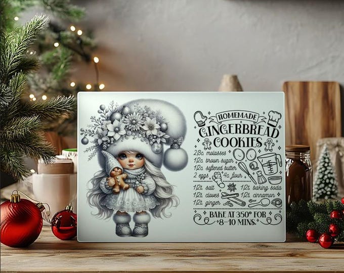Customizable White Gnome Christmas Recipe Glass Cutting Boards