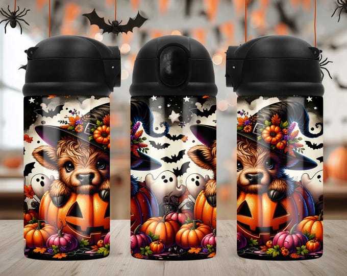 Halloween Highland Cow 12 oz Water Bottles (10 styles)