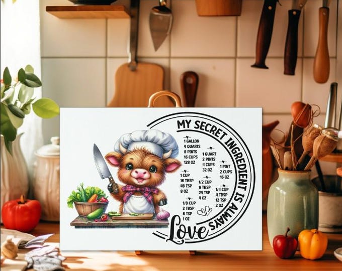 Secret Ingredient/Kitchen Conversion Glass Cutting Board with Highland Cow Chef