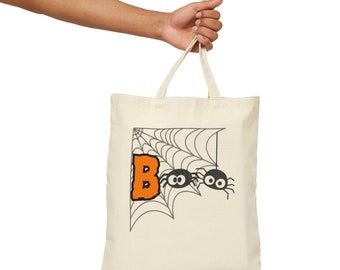 Halloween candy bag, Cute Spider Web Halloween Boo Tote Bag, 100% Cotton 15" x 16" Canvas Tote Bag for Trick or Treat Book Bag Fall Autumn