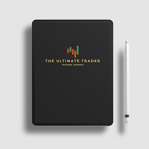 Könnte beinhalten: Ein schwarzes iPad mit einem weißen Apple Pencil daneben. Auf dem iPad-Bildschirm wird ein Logo für "The Ultimate Trader Trading Journal" mit einer stilisierten grünen und orangefarbenen Chartgrafik angezeigt.