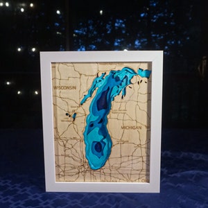 Lake Michigian Lake Layered Wood Art, personalisiert mit Heimatstadt, Nautical Lake Michigian Bild, Lake Lake Lake Lake Portait 3D Wandbehang