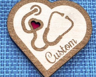 Stethoscope and Heart Magnet / Wood / Handmade / MultiLayer / Custom Name / Nurse or Doctor Gift