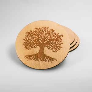 Wooden Coasters with Tree Design, Engraved Tree Coasters, Nature-Inspired Coaster Set, Tree Themed Table Decor