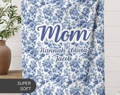 Custom Mom blanket gift Mama Name Blanket Gift with Kids Names Personalized Mother Blue Toile Floral Lap Blanket Christmas Gift for Mama