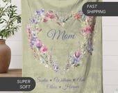 Custom Mom Blanket with Kid Names Personalized Mom Wildflower Name blanket Gift Mama Birthday Mothers Day Gift Floral Blanket Gift from Kids