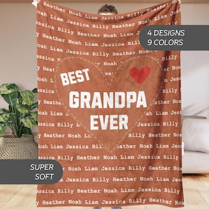 May include: A brown fleece blanket with the text "Best Grandpa Ever" in white lettering. The blanket is decorated with a heart and surrounded by a list of names.
