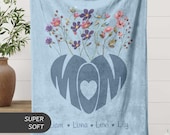 Custom Mom Blanket with Kids Names, Wildflower Heart Name Blanket Gift from Kids New Mom Name Blanket Personalized Mothers Day Birthday Gift