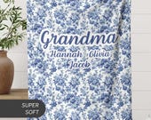 Custom Grandma blanket gift Gigi Name Blanket Gift with Grandkid Names Personalized Nana Blue Toile Lap Blanket Cozy Christmas Gift for Mimi