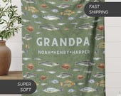 Grandpa Personalized Blanket Gift, Gramps Custom Name Blanket Soft Throw Gift for Papa Fathers Day Birthday Gift from Grandkids Fish Blanket