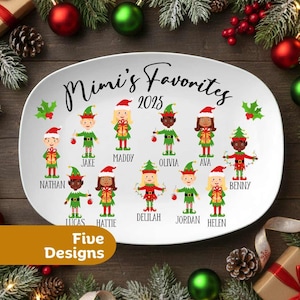 May include: White oval platter with the text "Mimi's Favorites 2025". The platter features illustrations of elves with names below them. The words "Five Designs" are in a yellow box.