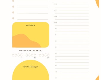 May include: A yellow and white daily planner with the German words "Persönlicher Tagesplan" (Personal Daily Planner) at the top. The planner includes sections for priorities, notes, water intake, and a schedule.