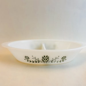 Vintage Glasbake Milk Glass Divided Casserole Dish Green Floral Pattern