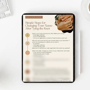 Puede incluir: Una lista de verificación digital con tres pasos para cambiar tu nombre después de casarte. La lista incluye una lista de artículos para llevar a la oficina de la Seguridad Social, artículos para actualizar con tu nuevo nombre y artículos para actualizar en el DMV.